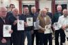 Vereinsehrungen: (von links) für 65 Jahre wurden geehrt: Friedrich Schumm, Kurt Dorn, Josef Nüchter, Friedolin Dorn, Albrecht Schneider; für 50 Jahre: Norbert Hergenröder, Albrecht Schaab, Rudolf Schaab. Hinten links der Vorsitzende des Feuerwehrvereins, Lorenz Statt, und (hinten rechts) 2. Vorsitzender Ralf Hergenröder.