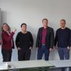Sie besichtigen die neuen Räumlichkeiten: (von links) Thomas Leiner, Karin Maywald, Birgit Winzek, Nico Rogge als Bürgermeister von Oerlenbach (25 Jahre), Geschäftsführer Thomas Burkard und Schatzmeister Roland Bitsch.
