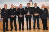 Kreisbrandinspektor Steffen Kiesel (von links) ehrte Tobias Bühner (25 Jahre bei der Feuerwehr), 1. Kommandant Michael Dietz (25), Christoph Müller (25), Markus Reichert (40) und 2. Kommandant Wolfgang Klöffel.