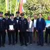 Für ihr jahrzehntelanges Engagement in den Freiwilligen Feuerwehren der Gemeinde wurden am Gemeindefest sieben Feuerwehrleute geehrt. Von links: Holger Strunk (Kreisbrandrat Landkreis Schweinfurt), Christian Nöth, Daniel Scheller (Kreisbrandmeister Landkreis Schweinfurt), Manfred Krauß, Norbert Weißenseel, Michael Scheller, Alexander Bönig (Kreisbrandinspektor Landkreis Schweinfurt), Gerlinde Martin (Bezirksrätin Unterfranken), Horst Herbert (Bürgermeister Kolitzheim), Landrat Florian Töpper, Werner Herbert, Gerd Endres (2. Bürgermeister Kolitzheim), Christiane Herbert, Christine Bender (Stellvertretende Landrätin). 