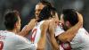 Die Spieler des FC Bayern München feiern den 5:0-Sieg in Lissabon.