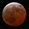 Kupferrot schimmert der Mond bei einer totalen Mondfinsternis am Nachthimmel.