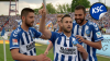 v.l. Dimitrij Nazorov (Karlsruher SC KSC), Manuel Torres (Karlsruher SC KSC), Daniel Gordon (Karlsruher SC KSC) jubeln / jubelt nach Spielende.