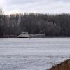 Ein Schiff fährt bei Karlsruhe Maxau auf dem Rhein.