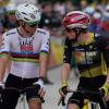 Die Top-Stars und Konkurrenten Tadej Pogacar (L) und Jonas Vingegaard unterhalten sich vor dem Start der 112. Tour de France. Die Top-Stars und Konkurrenten Tadej Pogacar (L) und Jonas Vingegaard unterhalten sich vor dem Start der 112. Tour de France.