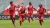Die Kickers-Spieler (von links) Liam Omore, Torschütze Dominik Meisel, Tarsis Bonga und Eliot Muteba bejubeln das 1:0 gegen Memmingen.