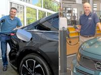 Die Augsburger Autohändler Joachim Frey (links) und Tobias Gsell verkaufen seit den gestiegenen Spritpreisen deutlich mehr E-Autos.