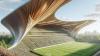 Die Tribüne des BSC Heretsried hat die Form eines Holzwinkels.