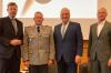 Landrat Oliver Bär, Generalleutnant André Bode, Innenminister Joachim Herrmann und der Präsident des Landesamts für Bevölkerungsschutz, Wolfgang Zacher (von links), sprachen in Ingolstadt zum Thema Bevölkerungsschutz und zivile Verteidigung.