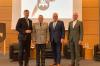 Landrat Oliver Bär, Generalleutnant André Bode, Innenminister Joachim Herrmann und der Präsident des Landesamts für Bevölkerungsschutz, Wolfgang Zacher (von links), sprachen in Ingolstadt zum Thema Bevölkerungsschutz und zivile Verteidigung.